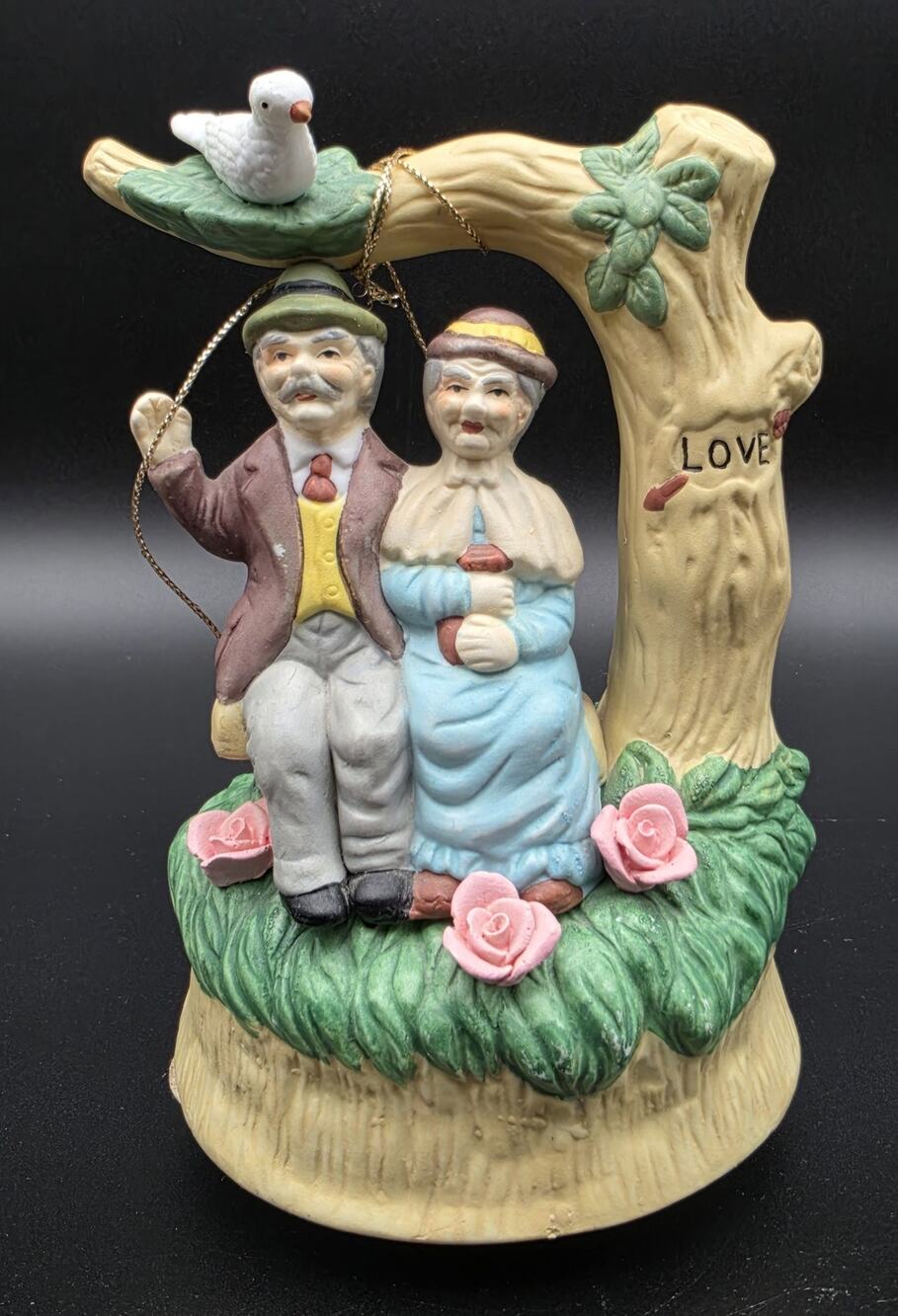 1994 Porcelain Music Box Elderly Couple Swing Rotates 360° Through The Years